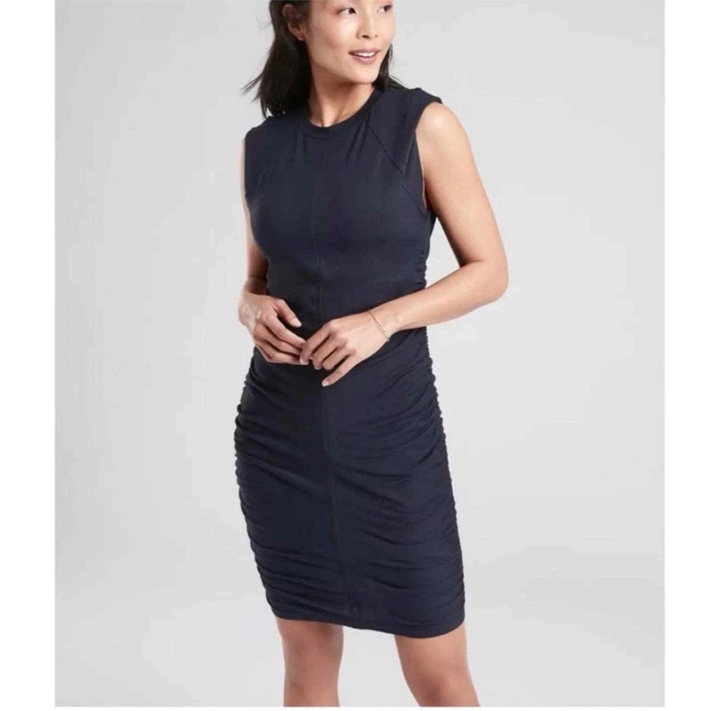 Athleta Apres Navy Side Ruched Dress Size Small - Picture 3 of 14